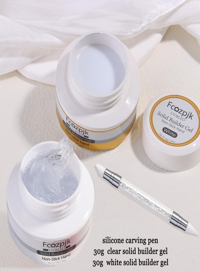 Fcozpjk Clear and White Solid Builder Gel for Nails, 2PCS 30g 3D Nail Art Gel Non-sticky Hand Hard Gels Sculpting Molding Embossed Flowers Design with Carving Pen DIY Home Manicure Salon Supplies - Image 2